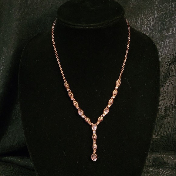 Vintage AVON Pink Glass Cabochon Y Drop Necklace Copper Filigree & Chain 22" - Picture 6 of 12
